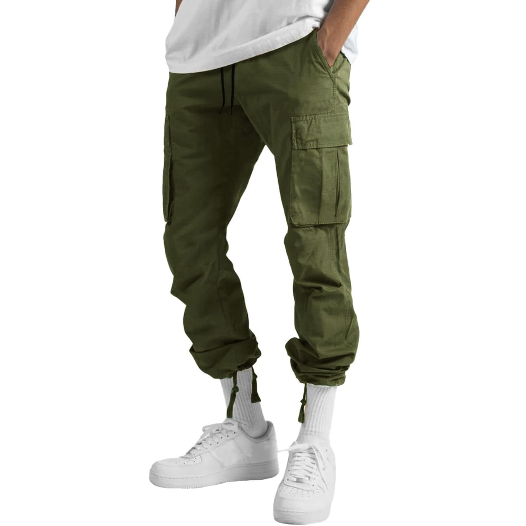 Men's casual bottoms: Vincent cotton cargo joggers with multiple utility pockets.