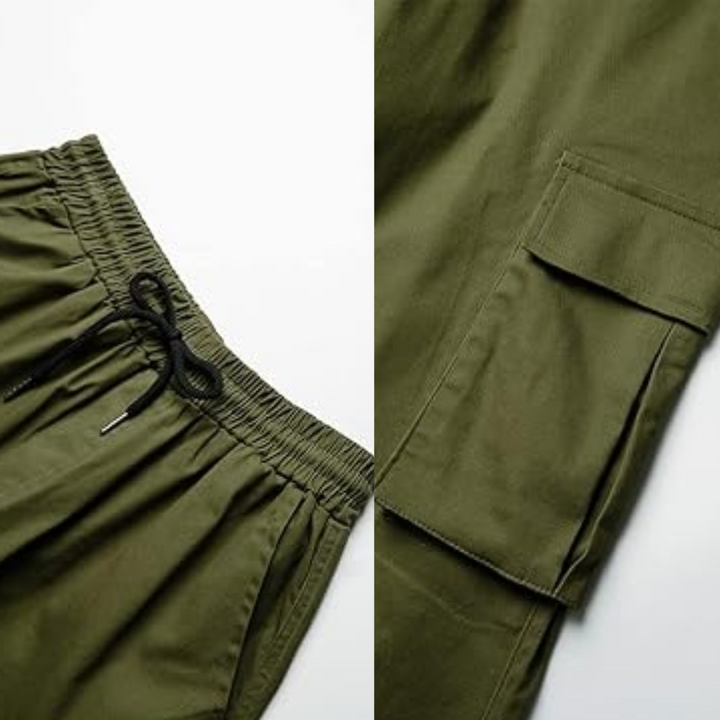 View of the ankle cuff and hem on Vincent men's cotton cargo jogger pants.