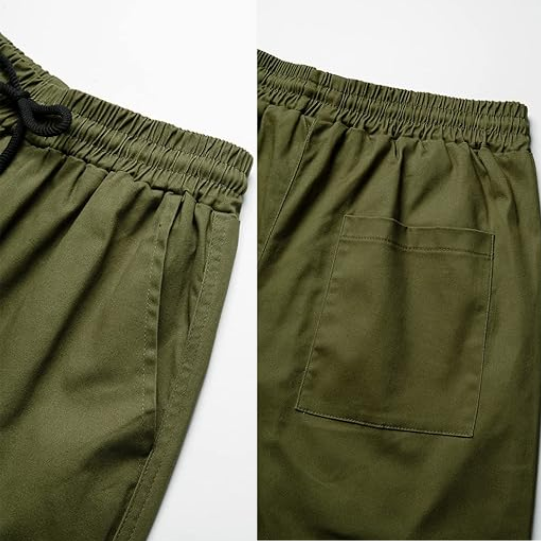 Close-up of the cotton fabric on Vincent men's loose fit cargo joggers.