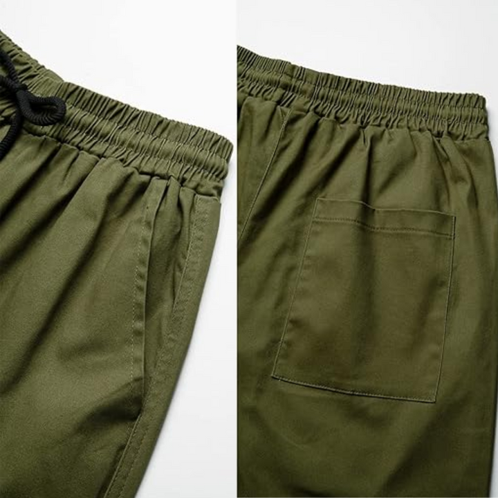 Close-up of the cotton fabric on Vincent men's loose fit cargo joggers.