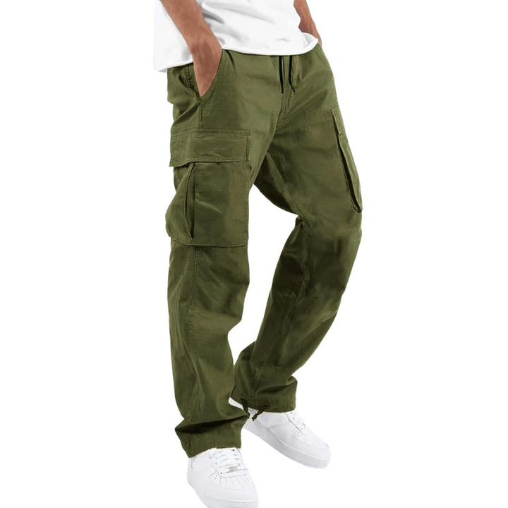 Vincent men's cargo joggers in cotton, full length, showcasing elastic waistband and cuffs.