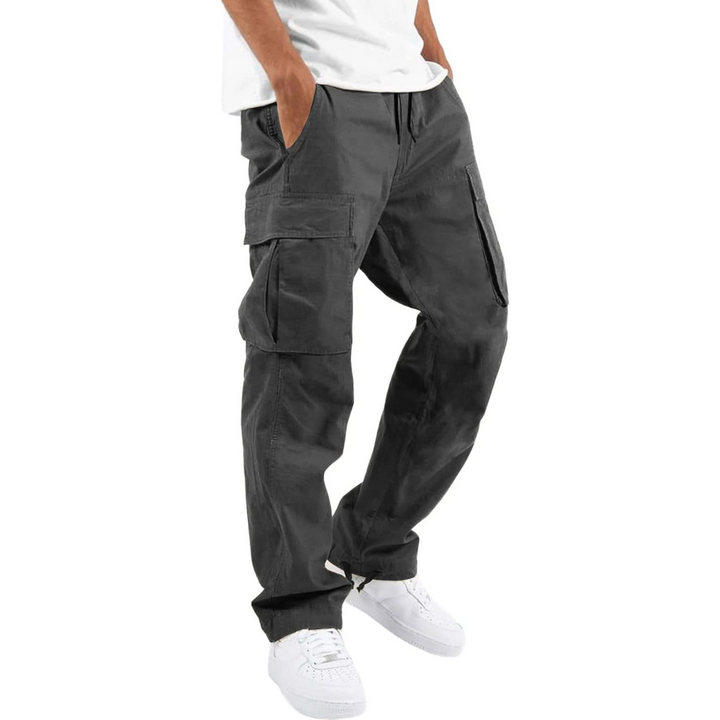 Detail of drawstring waist on Vincent men's loose fit cotton cargo joggers.