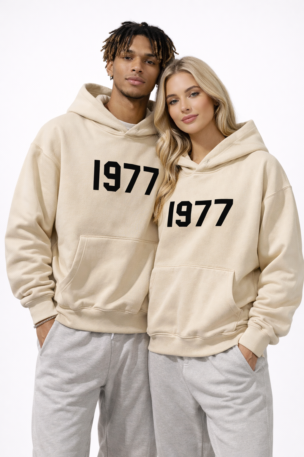 Front view of men's 1977 vintage streetwear "Chase" hoodie with distinct raglan sleeves.