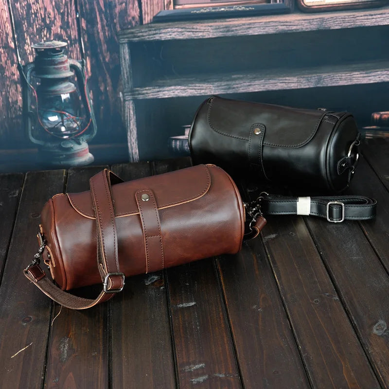 Men's fashion vintage PU leather barrel shoulder bag. A stylish accessory for daily essentials.