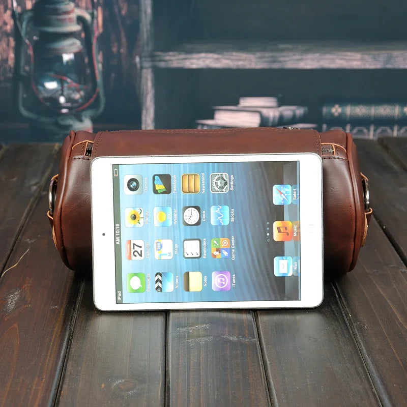 Men's PU leather vintage barrel shoulder bag for daily essentials. Crossbody and shoulder carry.
