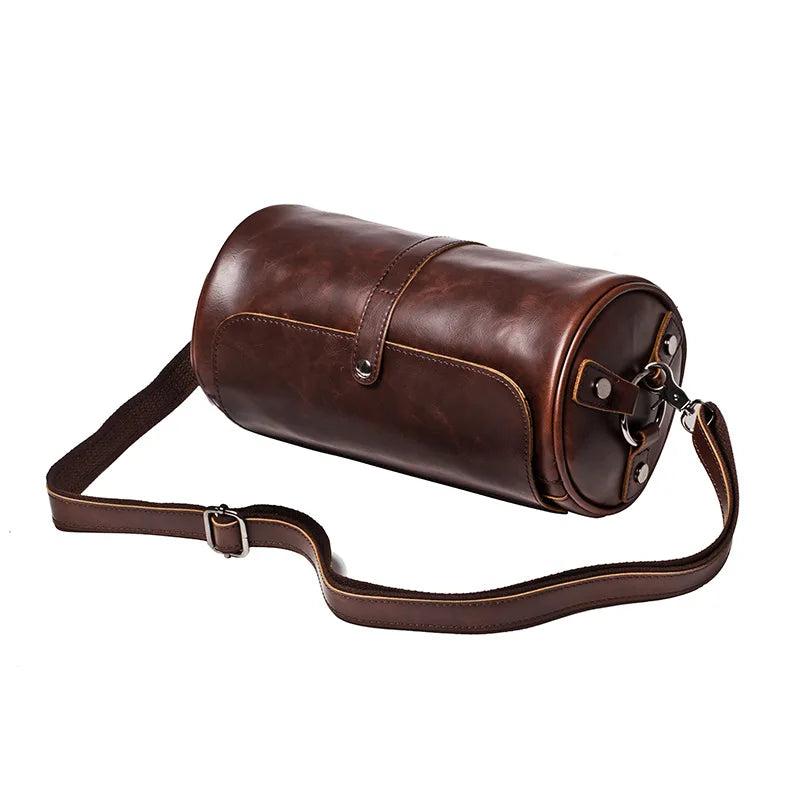 Unique barrel shape men's vintage shoulder bag. PU leather, perfect for daily carry & men's fashion.