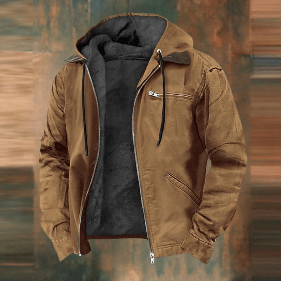 Men's vintage brown fall jacket, mid-length, perfect for autumn comfort & timeless style. Stylish casual outerwear.