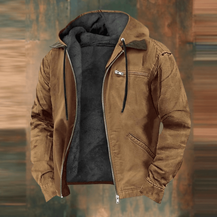 Men's vintage brown fall jacket, mid-length, perfect for autumn comfort & timeless style. Stylish casual outerwear.