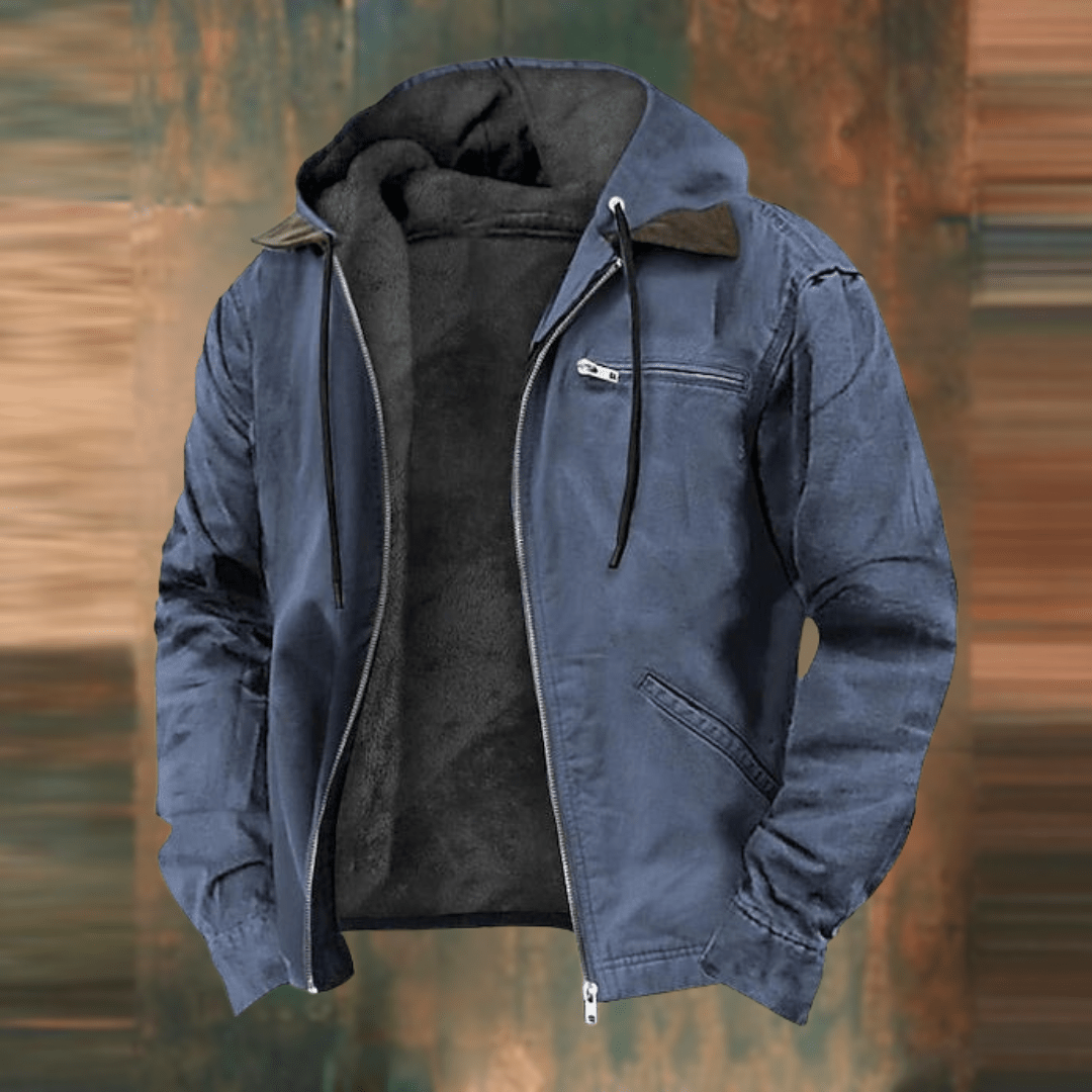 Warm men's blue autumn jacket, vintage-style mid-length outerwear for everyday wear & fall fashion. Comfortable.