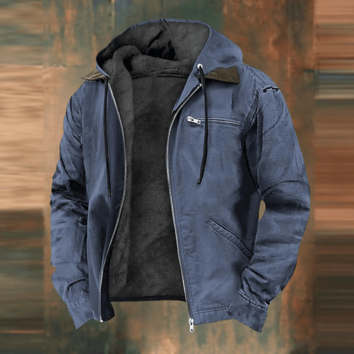 Warm men's blue autumn jacket, vintage-style mid-length outerwear for everyday wear & fall fashion. Comfortable.