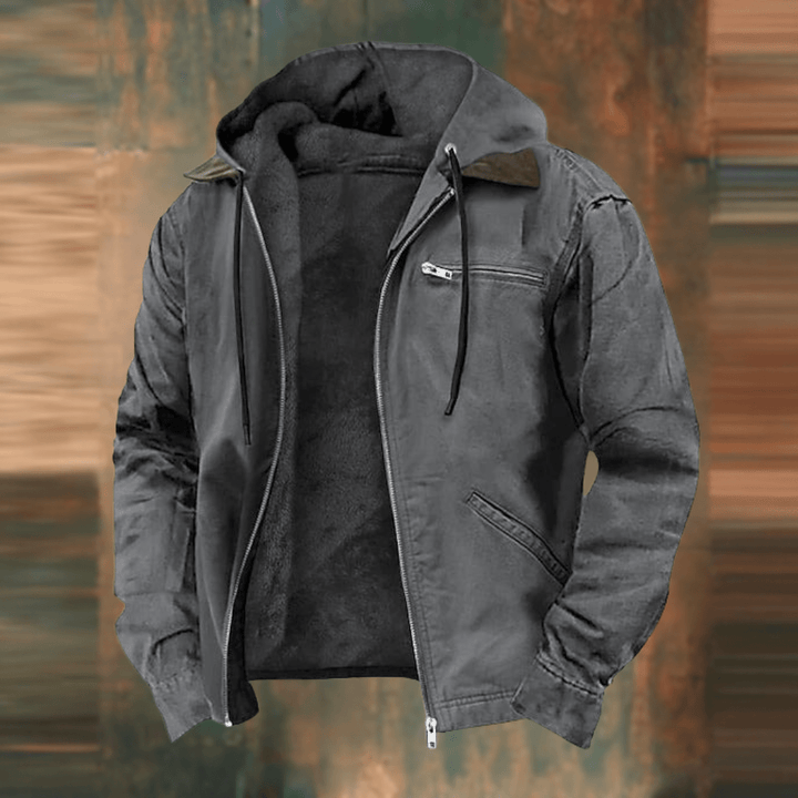 Men's gray vintage fall jacket, mid-length & stylish. Comfortable autumn outerwear for everyday wear & timeless fashion.