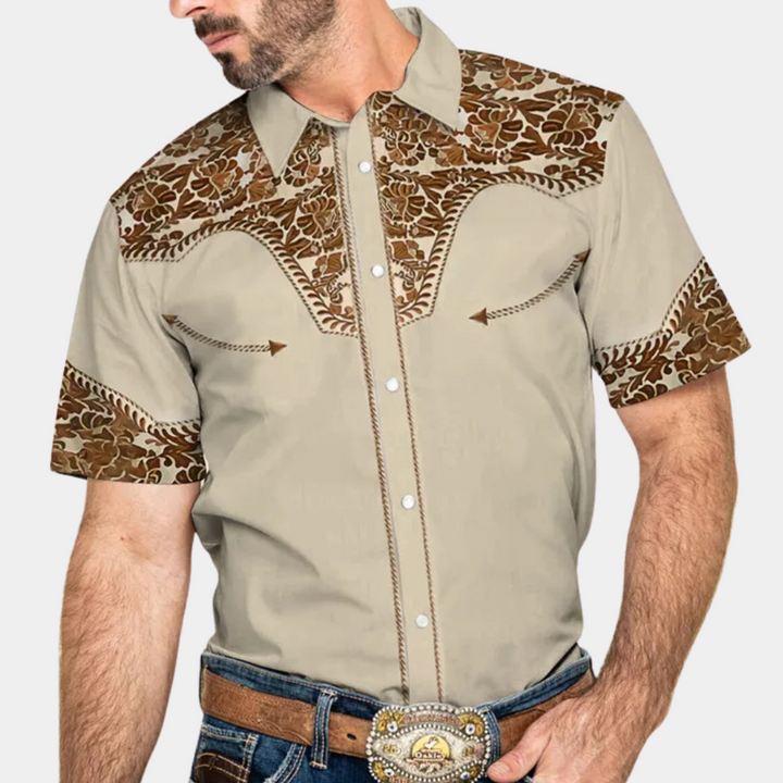 Men's vintage brown long-sleeve button-down shirt, perfect for casual daily wear & timeless style.