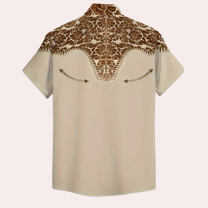 Vintage-inspired men's brown long-sleeve button-down shirt, a casual essential for modern men's fashion.