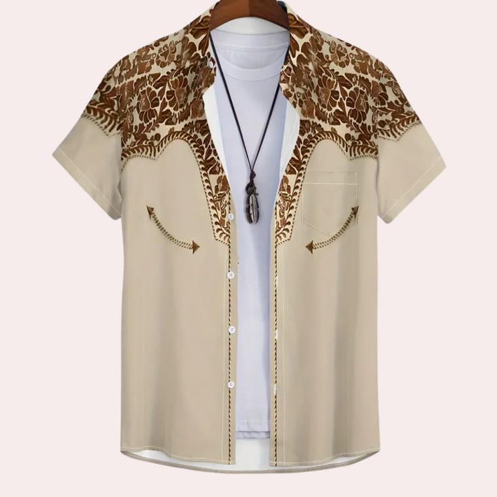 Casual men's long-sleeve brown vintage button-down shirt, ideal for comfortable daily wear & fashion.