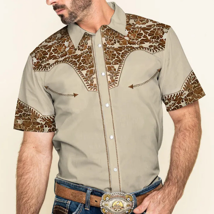 Brown men's vintage casual shirt with long sleeves and button-down front. A key piece for men's fashion.