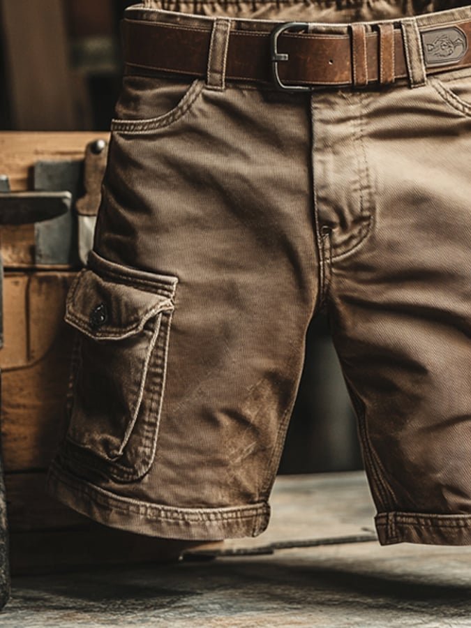 Stylish men's khaki vintage cargo shorts, ideal casual wear for summer, offering comfort and rugged utility.