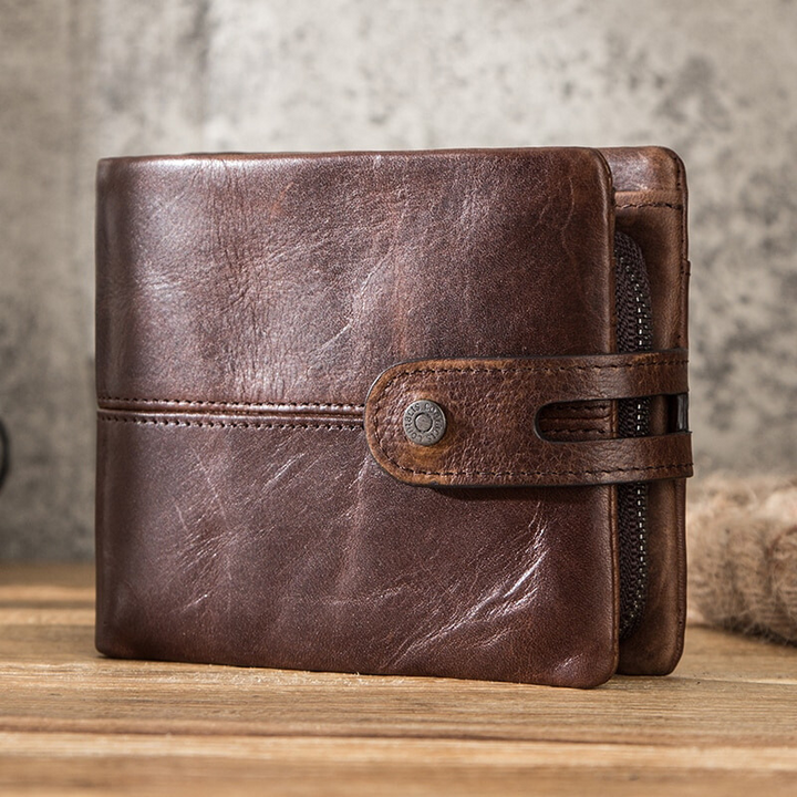 Men's vintage cowhide leather bifold wallet with coin purse. Durable & stylish men's accessory.