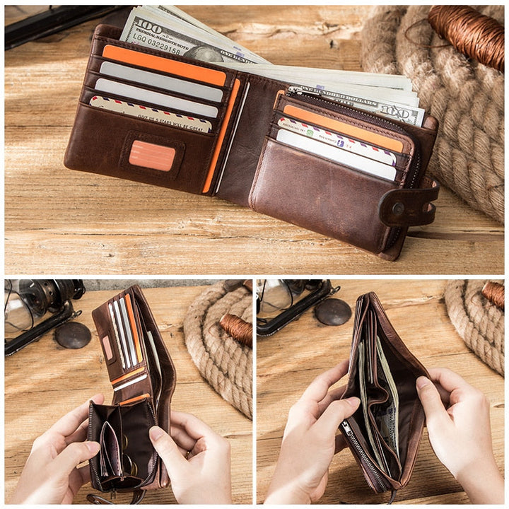 Stylish men's vintage leather wallet, crafted from durable cowhide. Features bifold design for cards & cash.