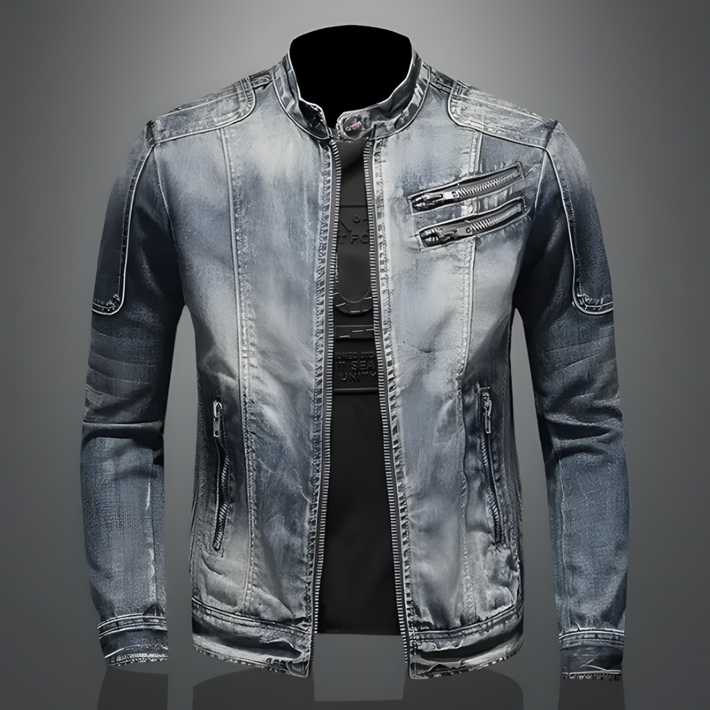 Men's vintage denim jacket, classic blue wash. Rugged outerwear for timeless casual fashion and biker style.