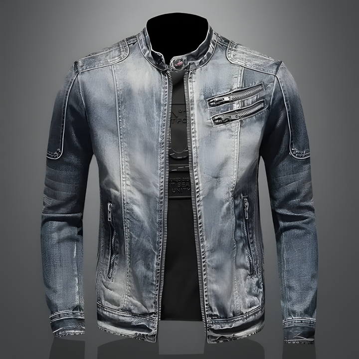 Men's vintage denim jacket, classic blue wash. Rugged outerwear for timeless casual fashion and biker style.