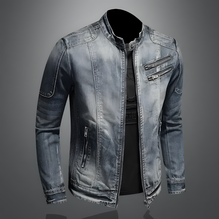 Maverick men's vintage denim jacket. Timeless classic style outerwear in a rugged blue wash for casual wear.