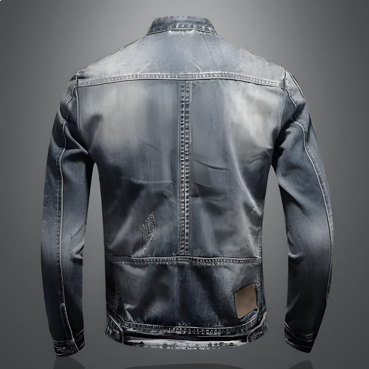Classic men's vintage denim jacket, perfect for rugged biker style and everyday casual fashion. Blue wash.