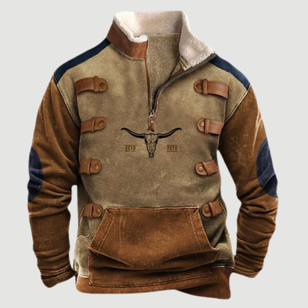 Warm men's retro fleece sweater with a functional zip, ideal for layering or casual winter style.