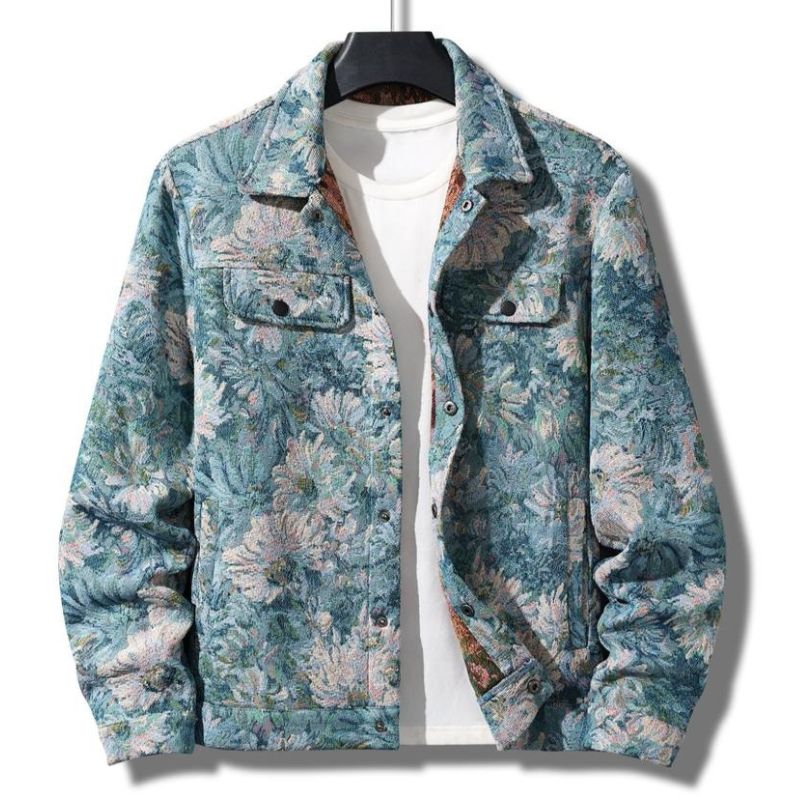Men's vintage floral button jacket, featuring a unique retro print and classic button-up design for casual wear.