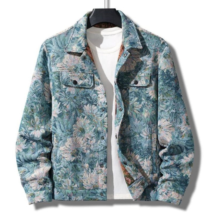 Men's vintage floral button jacket, featuring a unique retro print and classic button-up design for casual wear.