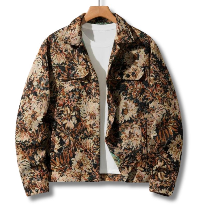 Stylish men's retro floral print button jacket, perfect outerwear for fall fashion, casual layering, and streetwear.