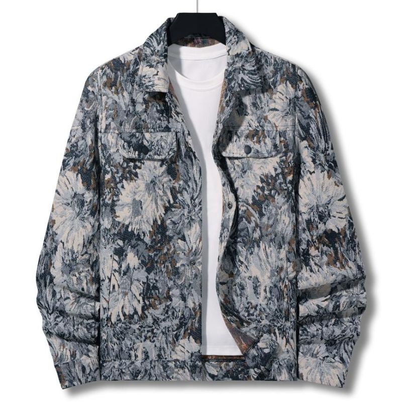 Unique men's vintage floral button jacket with intricate print, ideal for a statement casual spring or fall outfit.
