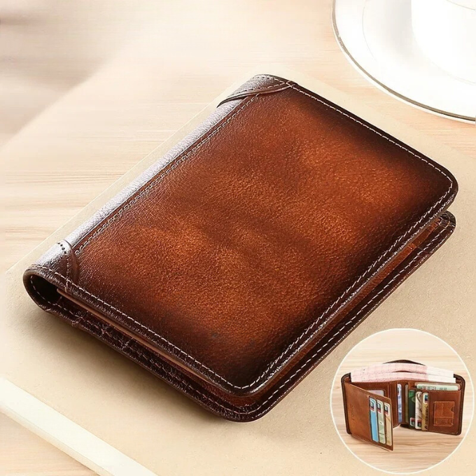Durable men's genuine leather wallet, perfect everyday carry for cards & cash. Vintage style classic accessory.