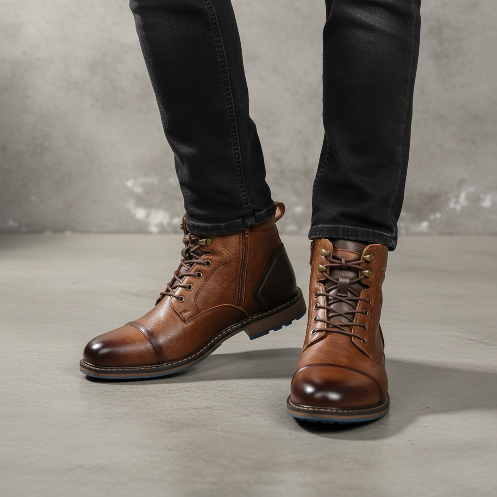 Men's vintage inspired leather ankle boots, brown with classic stitching for a stylish look.