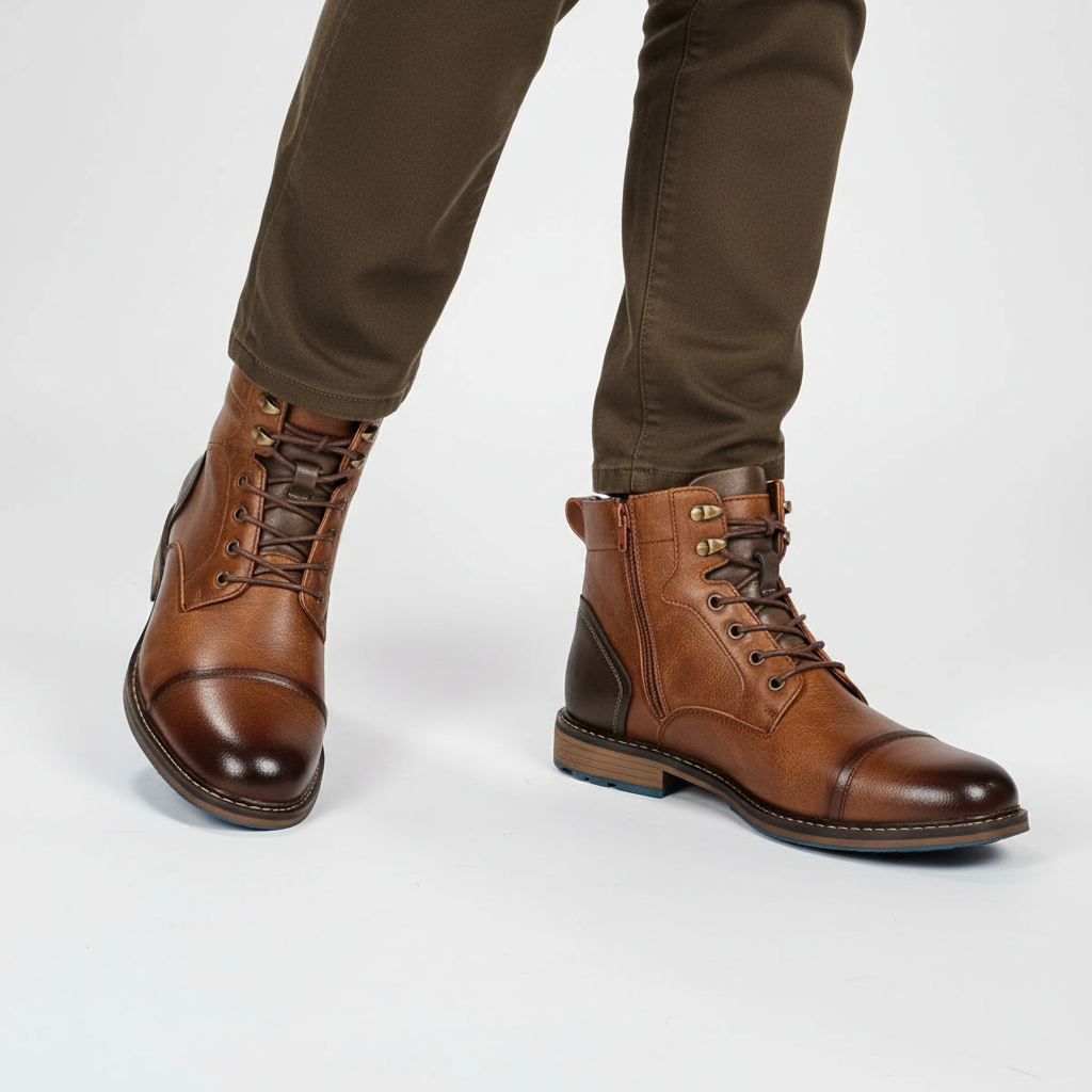 Detailed view of Men's Jeremy vintage-style leather ankle boots, showcasing quality craftsmanship.