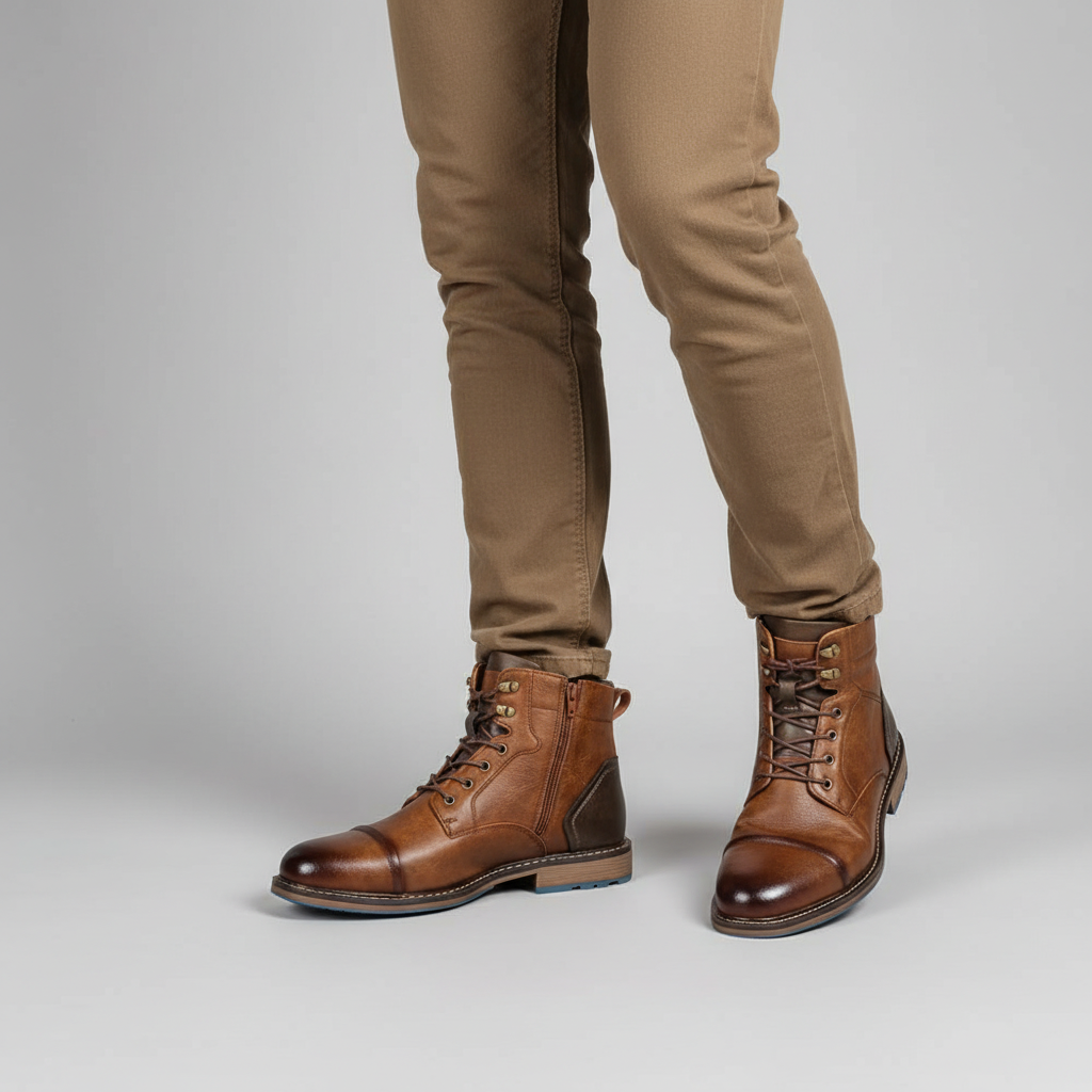 Full profile of Men's Jeremy leather ankle boots, highlighting the vintage design and sturdy sole.