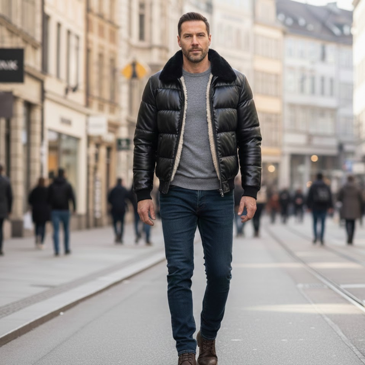 Men's vintage insulated winter jacket. Stylish outerwear for ultimate cold weather warmth and men's fashion.