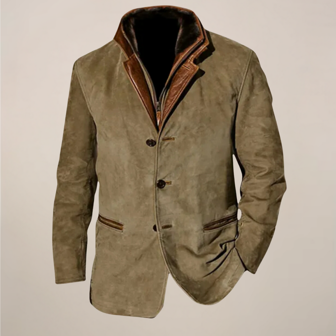 Stylish men's vintage khaki jacket with a reversed collar, ideal for versatile smart-casual to casual wear.