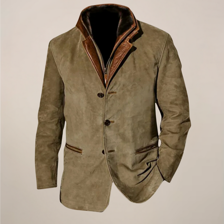Stylish men's vintage khaki jacket with a reversed collar, ideal for versatile smart-casual to casual wear.