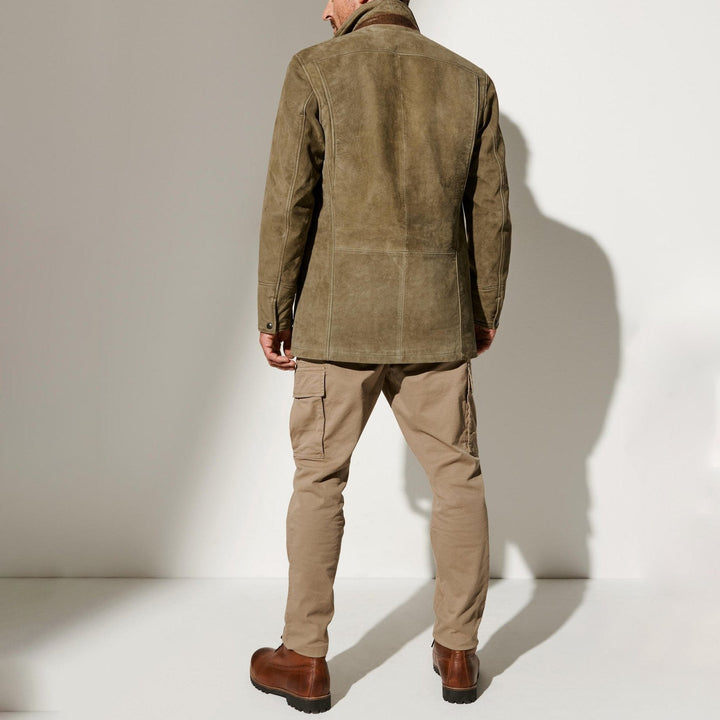 Khaki men's vintage jacket featuring a classic reversed collar design, elegant and perfect for any occasion.
