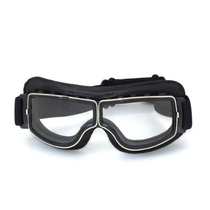 Retro men's motorcycle goggles with genuine leather padding & clear lenses. Essential protective eyewear for riders.