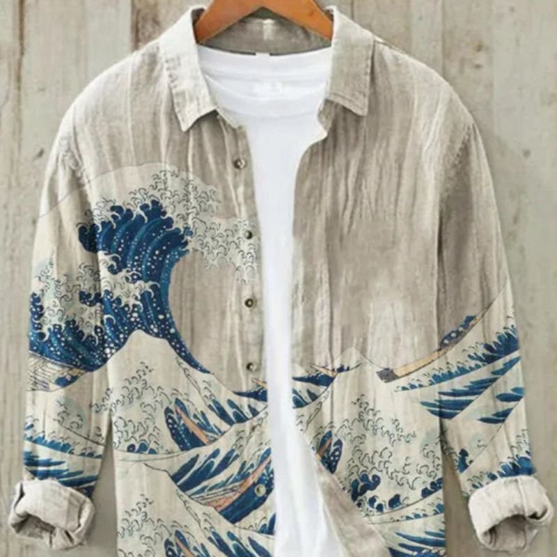 Men's vintage long sleeve button-up shirt with iconic Great Wave Japanese art print, cultural style.
