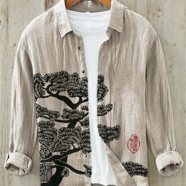 Menswear long sleeve top with a relaxed fit and a vibrant vintage Japanese Great Wave art print. Summer style.