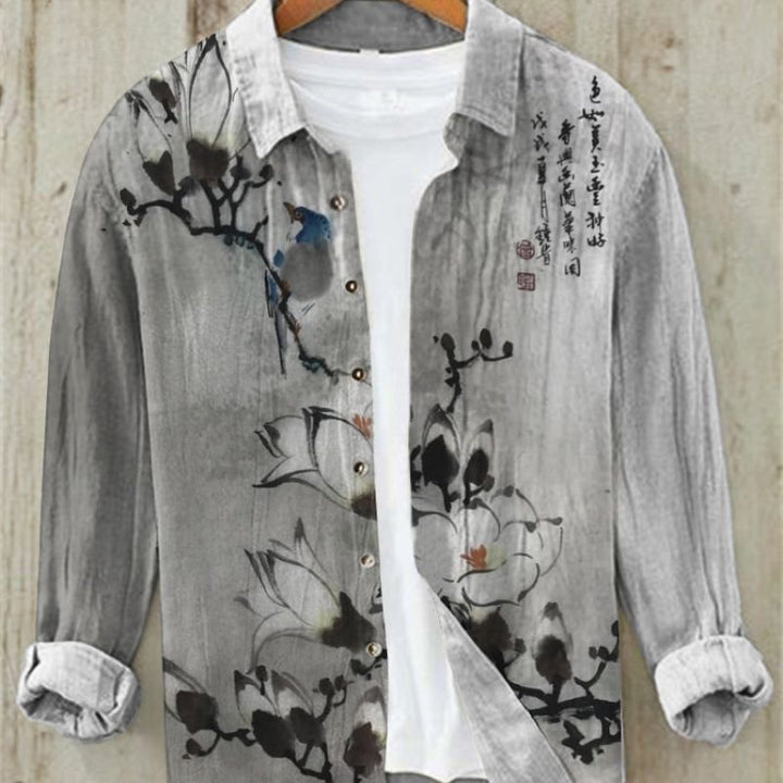 Casual men's button-up shirt, long sleeve, showcasing a unique vintage Japanese Great Wave art print.