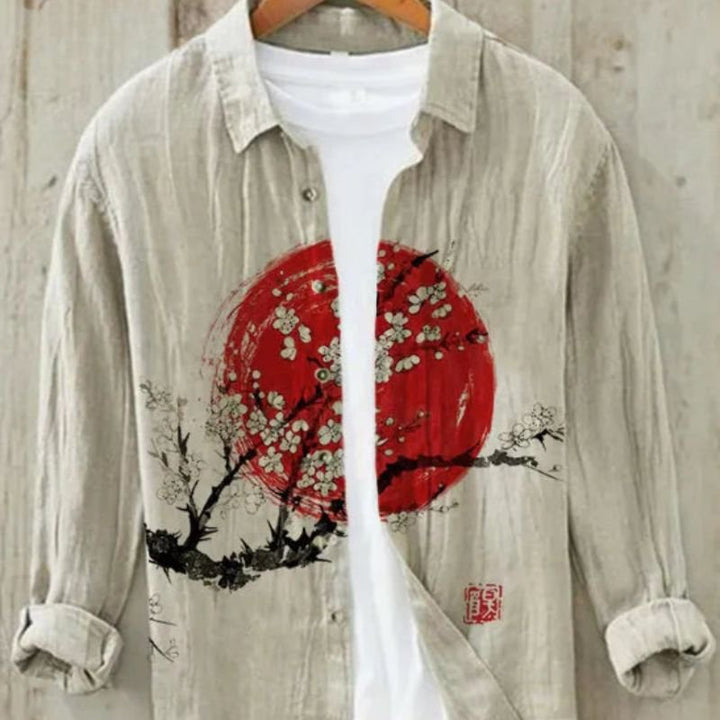 Casual men's print shirt featuring unique Japanese art Great Wave design, perfect for summer menswear.