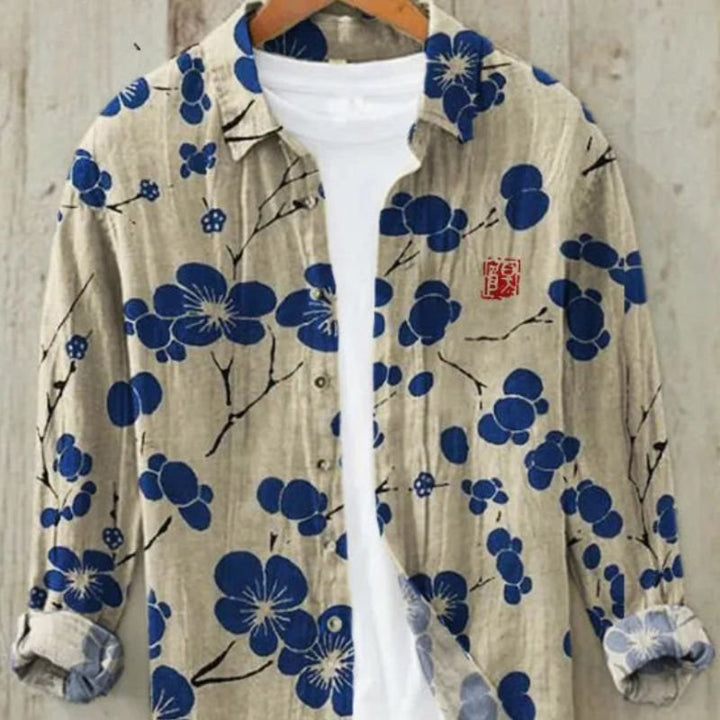Relaxed fit men's button-up shirt. Vintage Japanese Great Wave art print, long sleeves for a unique look.
