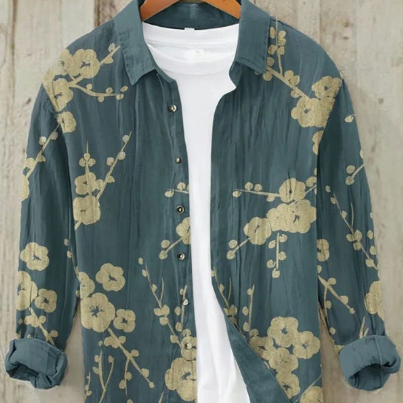 Stylish menswear long sleeve top with vibrant vintage Japanese Great Wave art print. Casual button-up shirt.