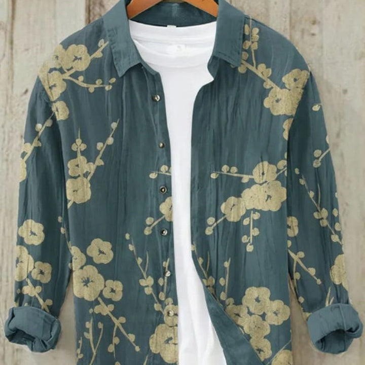 Stylish menswear long sleeve top with vibrant vintage Japanese Great Wave art print. Casual button-up shirt.