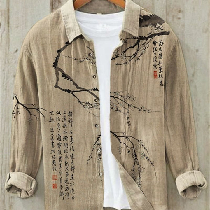 Unique design men's casual shirt with bold Japanese Great Wave art print. Vintage long sleeve button-up top.