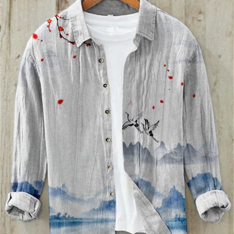 Men's summer shirt, long sleeve, featuring distinctive Great Wave Japanese art print. Relaxed fit button-up.
