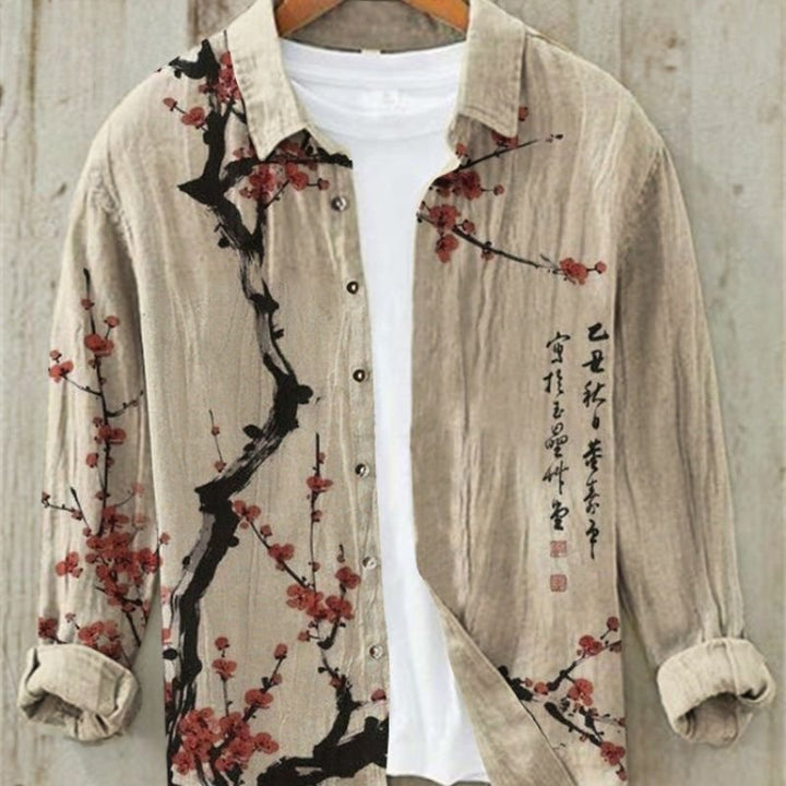 Vintage-inspired men's print shirt: long sleeve casual button-up with striking Japanese Great Wave artwork.